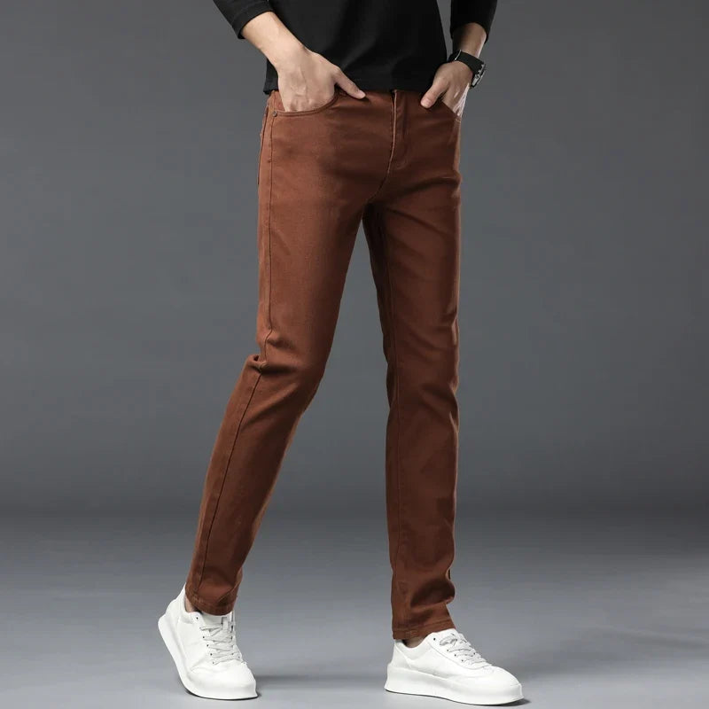 Spring New Men's Casual Jeans Fashion Korean Elastic Cotton Denim Pants Youth Trend Solid Color Fit Straight Trousers