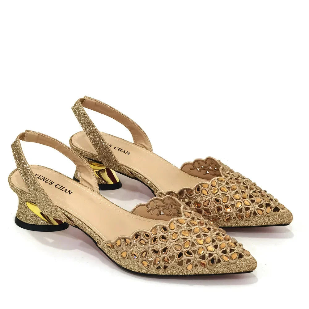 Low Heel Shoes for Women Hollowed Out Embroidery Rhinestone Italian Design Gold Color Pointed-Toe Shoes and Bags Set