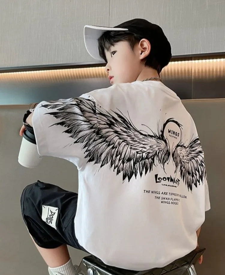 2026 Summer Kids Wing T-Shirt Cotton Loose Stylish Boy's Shirt Big Kids Summerwear