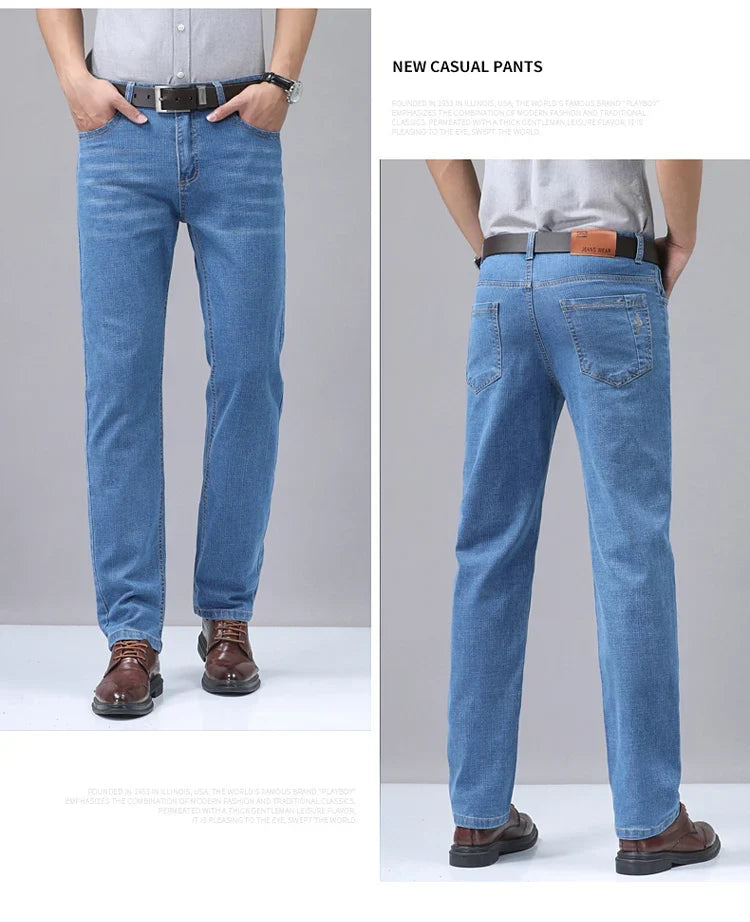 2025 New Light Blue Men's Comfort Soft Jeans Fashion Straight Business Pants Cotton Soft Casual Stretch Denim Trousers 28-40