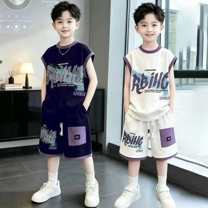 Boys Summer 2-Piece Set Casual Sports Wear Printed T-Shirt Sleeveless Tank Top Shorts Trendy Basketball Outfit
