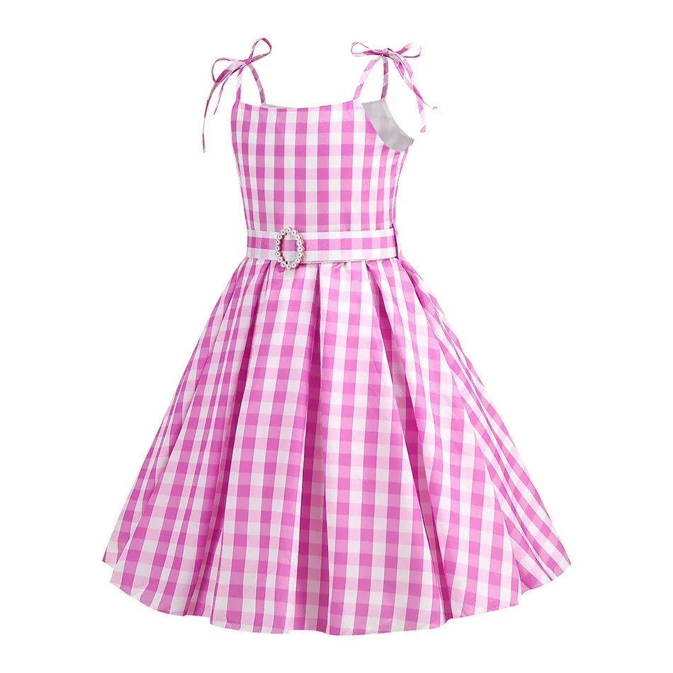2025 Summer Beach Baby Girl Pink Cute Sleeveless Plaid Slim Strap Dress For Girl Cowboy Look Stripe Dress Set With Belt