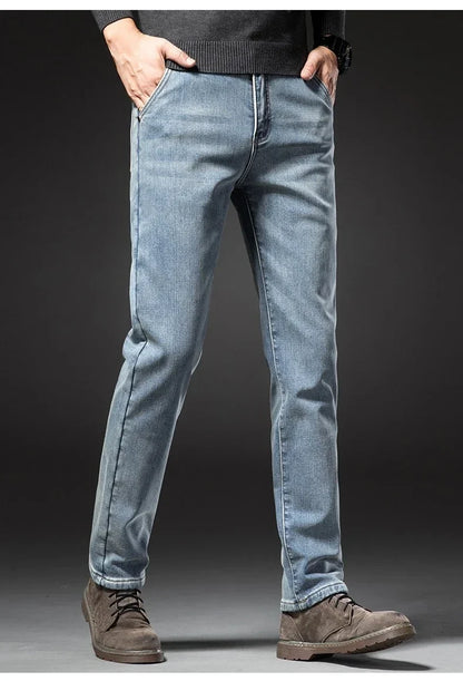 Winter Fleecy Thickened Warm Jeans Vintage Brand Classic Retro Youth Fashion Men Fit Straight Leg Casual Stretch Denim Pants