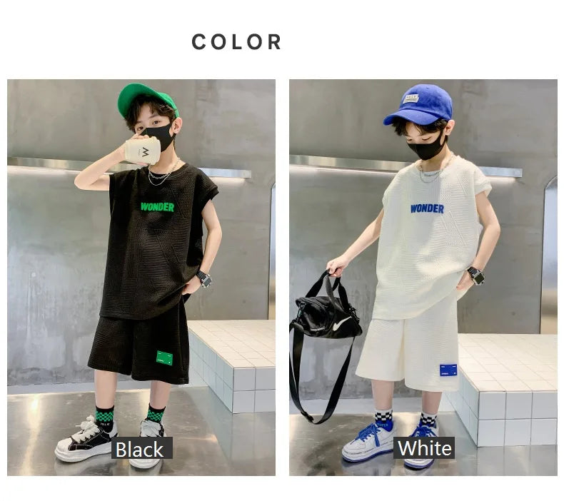 Summer Boys Waffle Alphabet Sleeveless t-Shirt Tops+Short Pants Set School Kids Tracksuit Child 2PCS Outfit Jogger Suit 5-16 Yrs