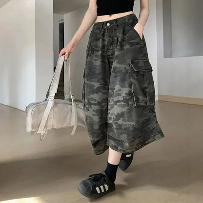 Lady Retro Fashion Baggy Capri Jeans Female High Waist Thin Denim Pants Girls Fashion Camouflage Straight Leg Trousers
