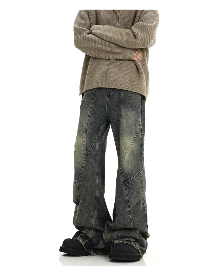 Men Jeans Denim Flare Pants Floor Length Pant Splice High Waist Irregularity Loose Casual Straight Trousers Autumn Winter 2025