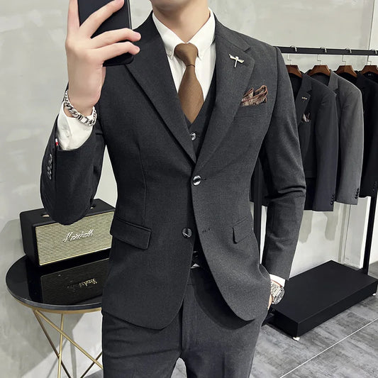 Blazer Vest Pants Men's Navy Blue Suit Set Slim Fit Blazer Vest Pants Formal Outfit for Business Wedding Office Groom Party