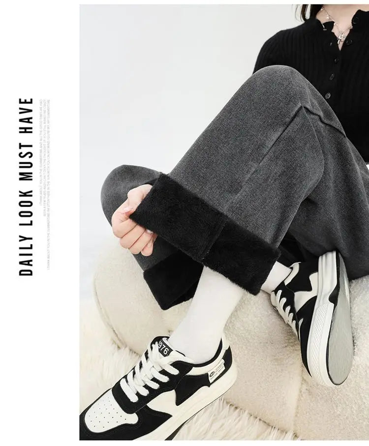 Winter Thick Warm Womens High Waist Jeans Fleece Lined Loose Fit Wide Leg Trousers Korean Style Stretchy Adjustable Waist  Jeans