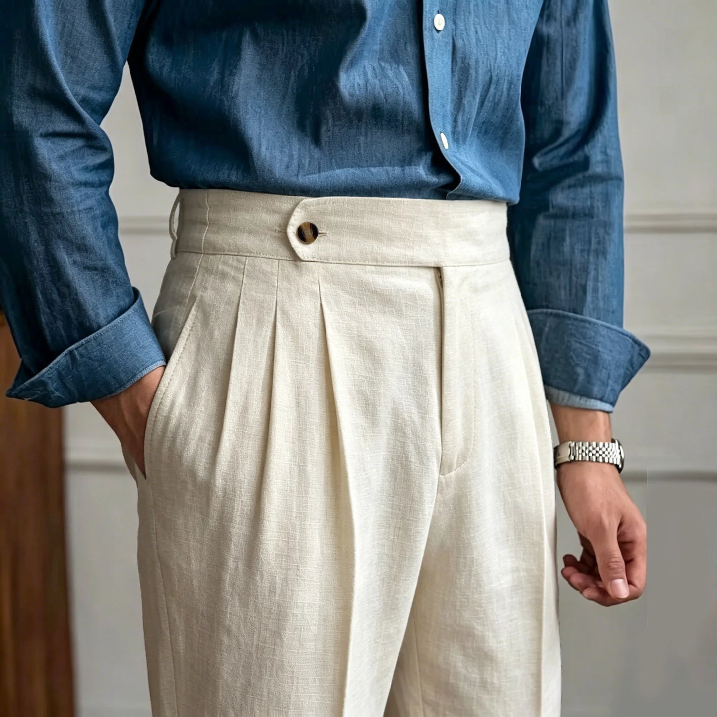 Classics Italian Naples Style Linen Men Suit Trousers Summer Trendy High Waist Pants Male Business Office Pleated Streetwear