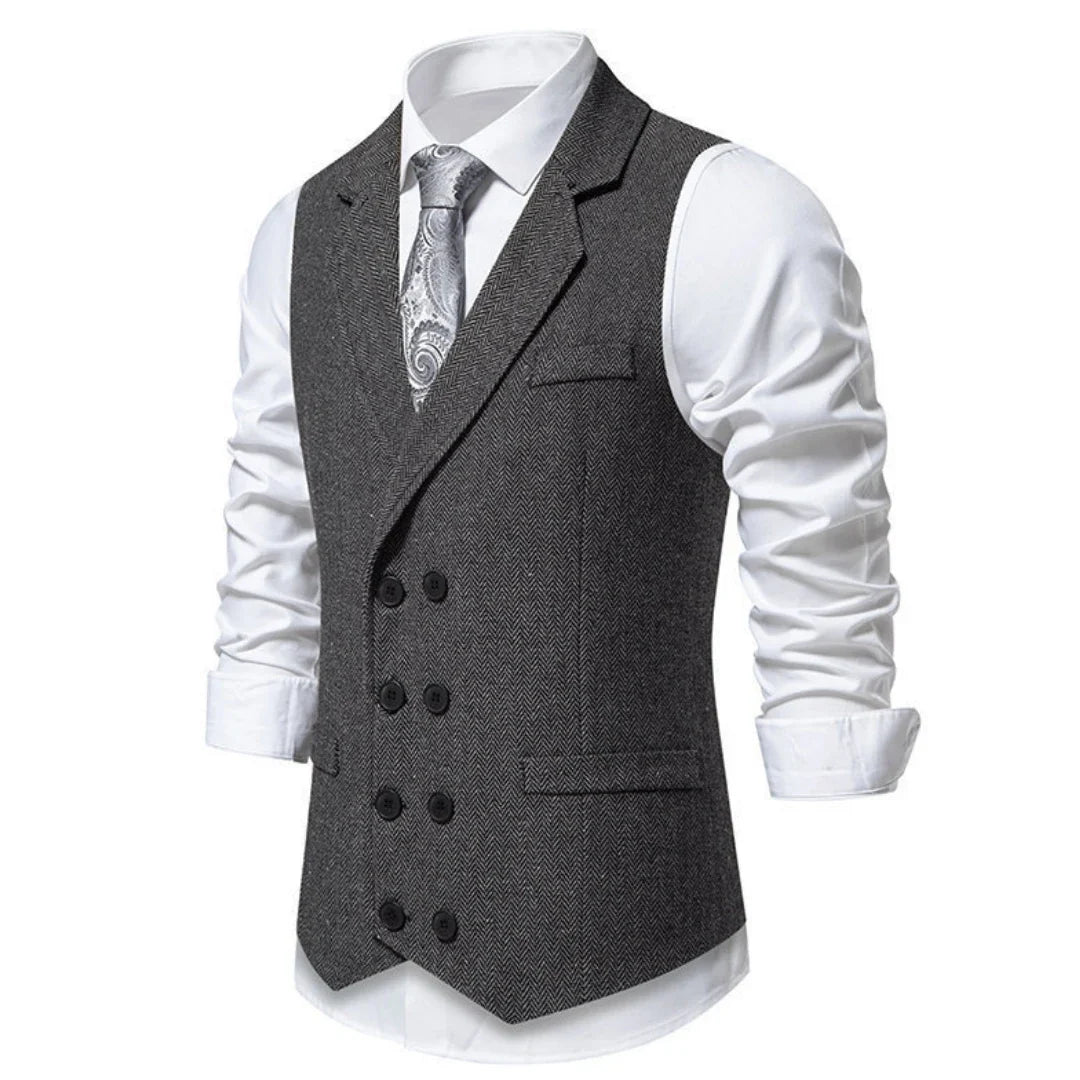 Men Vest Gray Herringbone Double Button With Lapel Waistcoat For Wedding Groom Business Banquet Office Work Men Suit Vest