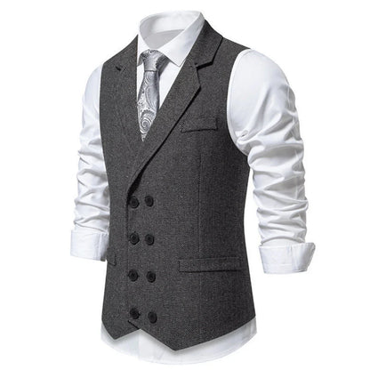 Men Vest Gray Herringbone Double Button With Lapel Waistcoat For Wedding Groom Business Banquet Office Work Men Suit Vest