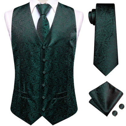 Silk Mens Suit Vests 4PC Woven Sage Green Solid Waistcoat Tie Pocket Square Cufflinks Business Wedding Dress Waist Jacket