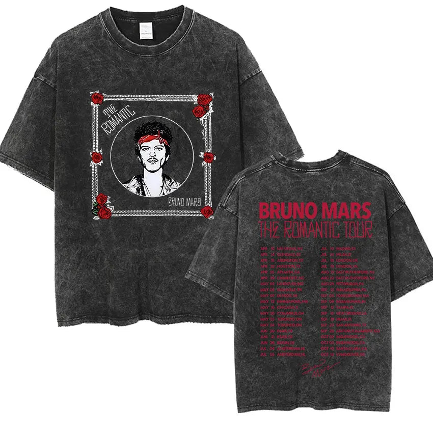 Bruno Mars The Romantic Tour 2026 Vintage Washed T Shirts Men's Women Punk Gothic Fashion Cotton Short Sleeve T-Shirt Streetwear