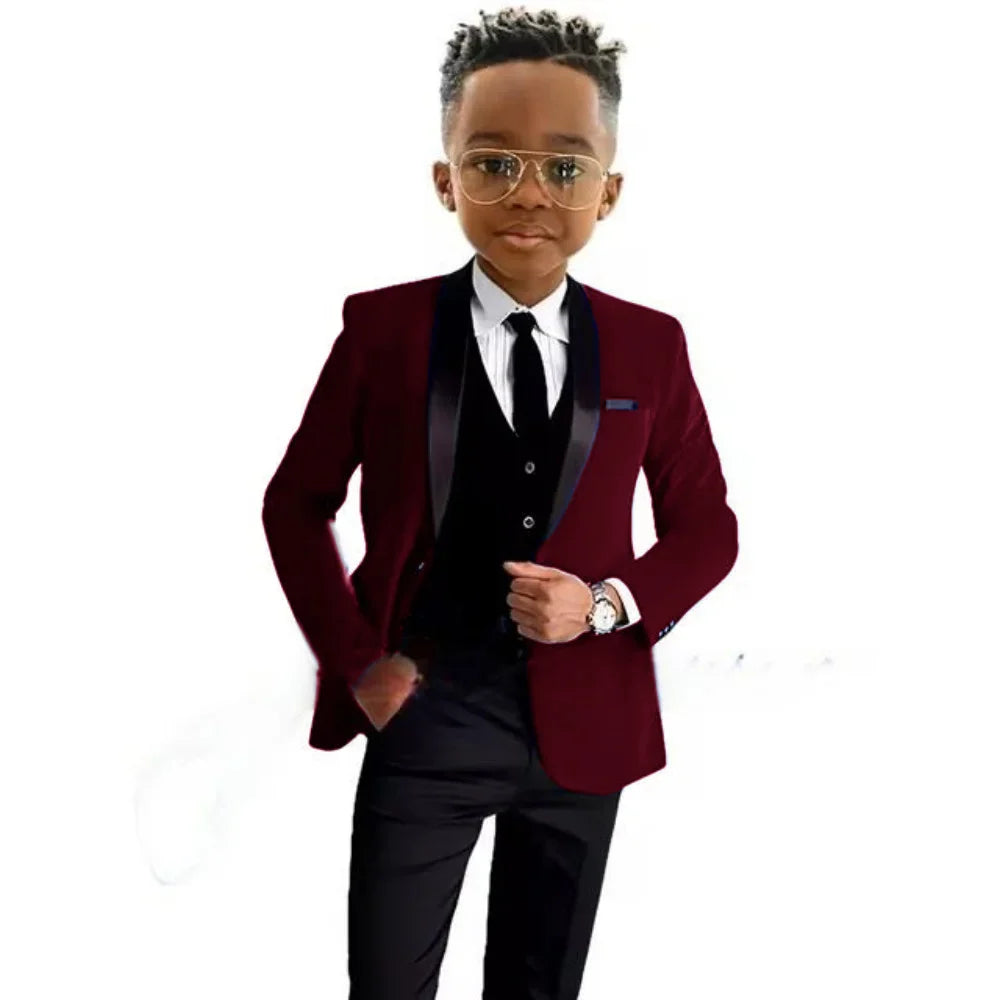 Christmas Boys Red Velvet Suits 3 Pieces Party Wear Formal Shawl Lapel Kids Suit Set Wedding Tuxedo Children's Stylish Tuxedo