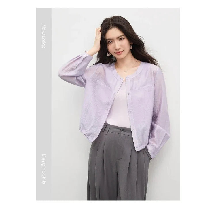 Women's Oversized Lyocell Shirt 2026 Spring Summer Round Neck Long Sleeve Drawstring Sheer Casual Top 161WB5014