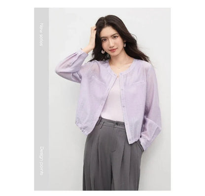 Women's Oversized Lyocell Shirt 2026 Spring Summer Round Neck Long Sleeve Drawstring Sheer Casual Top 161WB5014