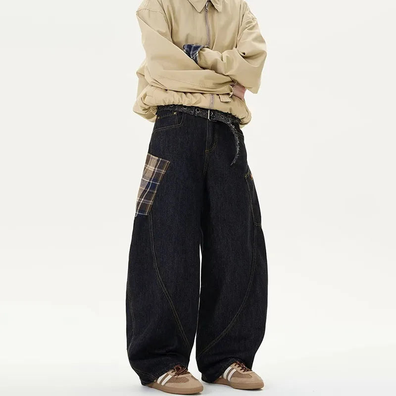 Autumn Vintage Design Large Pockets Curved Knife Workwear Jeans For Men'S High Street Jeans Y2k Wide Leg Pant