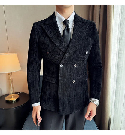 Autumn Winter New Men Corduroy Suit Jackets Double-Breasted Striped Slim Fit Casual Coats High Quality Formal Business Tailcoat