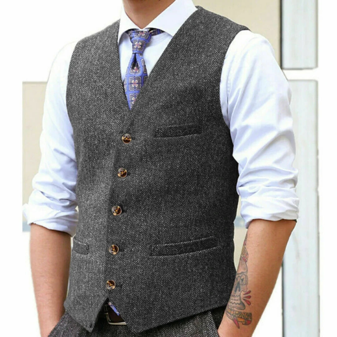 Men Vest Gray Herringbone Single Button With Pocket V Neck Waistcoat For Wedding Banquet Business Work Casual Daily Men Vest