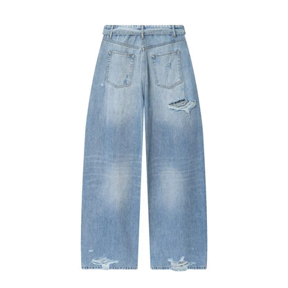 2025 women's new street fashion fold waist mid waist washed ripped jeans loose version of the floor-length pants