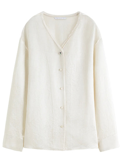 French-style Elegant V-neck Acetate Long-sleeved Shirts Women New Spring 2026 Design Satin Top Lace Bow