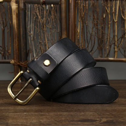 3.3CM Genuine Leather Belt Men Luxury Strap Male Fashion Pure Cowhide Copper Buckle Wild Classic Retro Pin Buckle High Quality