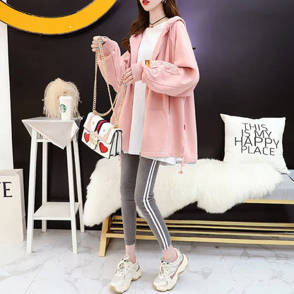 with Zipper Hooded Sweatshirt for Women Full Zip Up Embroidered Woman Tops Spring and Autumn Green Hoodies Long Dropshiping Coat