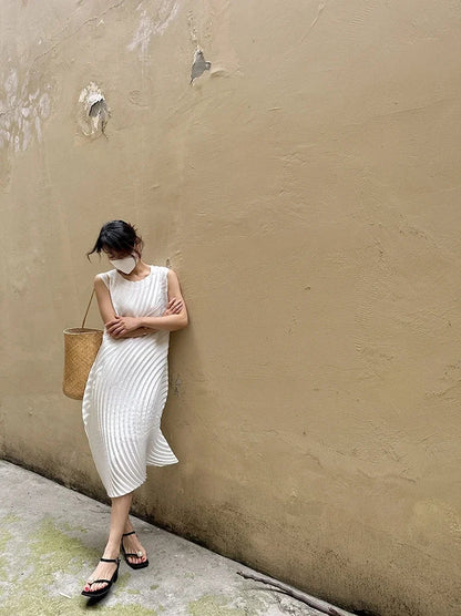 Miyake Hand Circle Pleated Sleeveless Dress Designer Long Round Neck Elegant Loose Summer Korean Style Aesthetic Clothes