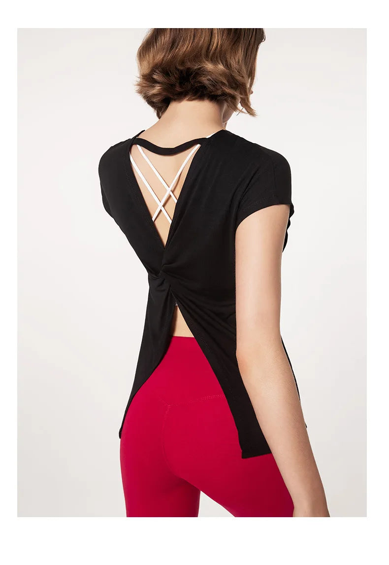 Women's Split Side Yoga Top Sexy Open Back Fitness T-shirt Loose Fit Workout Tee Running Sports Cover Gym Wear Woman Clothing