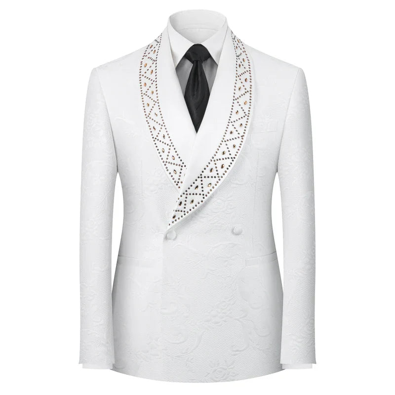 2025 High End Light Luxury Jacquard Hot Diamond Green Fruit Collar Wedding Suits for Men,Black/white Mens Evening Dress 2 Piece