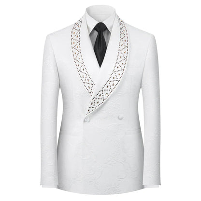 2025 High End Light Luxury Jacquard Hot Diamond Green Fruit Collar Wedding Suits for Men,Black/white Mens Evening Dress 2 Piece