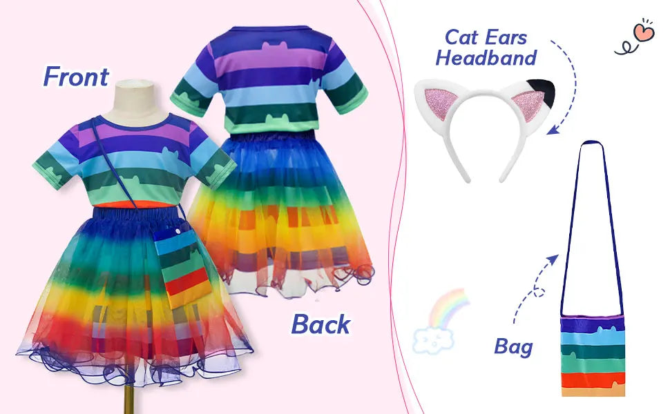 Girls Rainbow Striped T-Shirt Tutu Skirt With Cat Ears Headband Set Halloween Carnival Cosplay Costume Kids Birthday Clothing