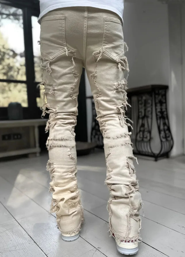 New European and American Heavyweight Streetwise Stretch Patch Jeans for Men, High Street Straight Fit Long Jeans16-3001
