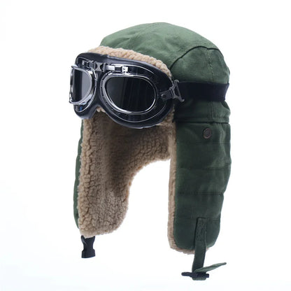 Army Military Ushanka Men&Women Windproof Winter Bomber Hats with Goggles Warm Lamb Wool Pilot Earflap Thermal Snow Cap