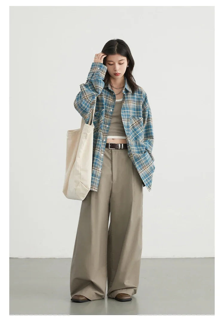 Women's Cotton Shirt Single Breasted Loose New Retro Color Blocked Grid Female Blouses Autumn Spring 2026