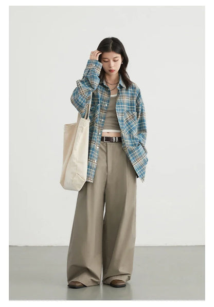 Women's Cotton Shirt Single Breasted Loose New Retro Color Blocked Grid Female Blouses Autumn Spring 2026