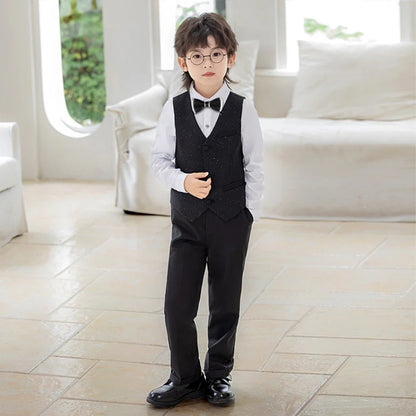 Glitter Exquisite Boys Suits 5 Pieces Stage Perfoemance Wear,Classic Smart Peak Lapel Suit Set Wedding Ring Bear Outfit In Stock