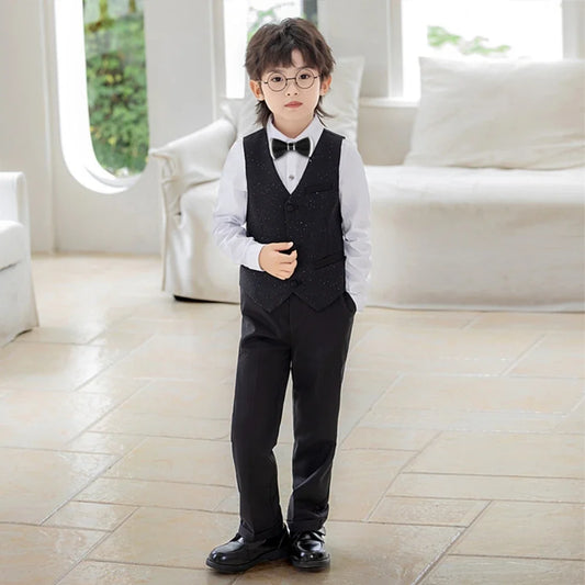 Glitter Exquisite Boys Suits 5 Pieces Stage Perfoemance Wear,Classic Smart Peak Lapel Suit Set Wedding Ring Bear Outfit In Stock
