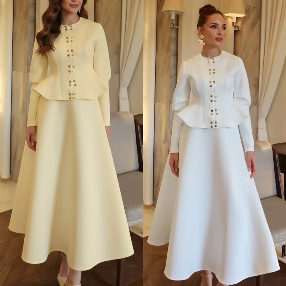Customized Modern Style Formal Jersey Rhinestone Ruched A-line Scoop Neck Ankle Length Dresses Evening Dresses Sizes Available
