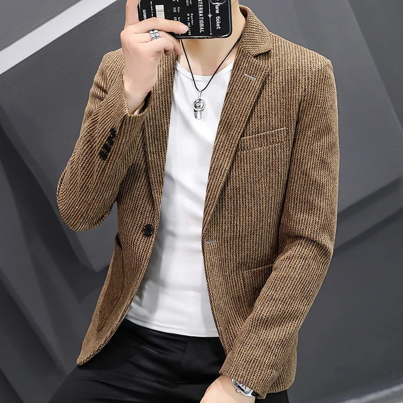 Blazer New Men's Fashion Business Vertical Strip Gentleman Slim Wool Shopping Outdoor Performance Wedding Banquet Casual Blazer