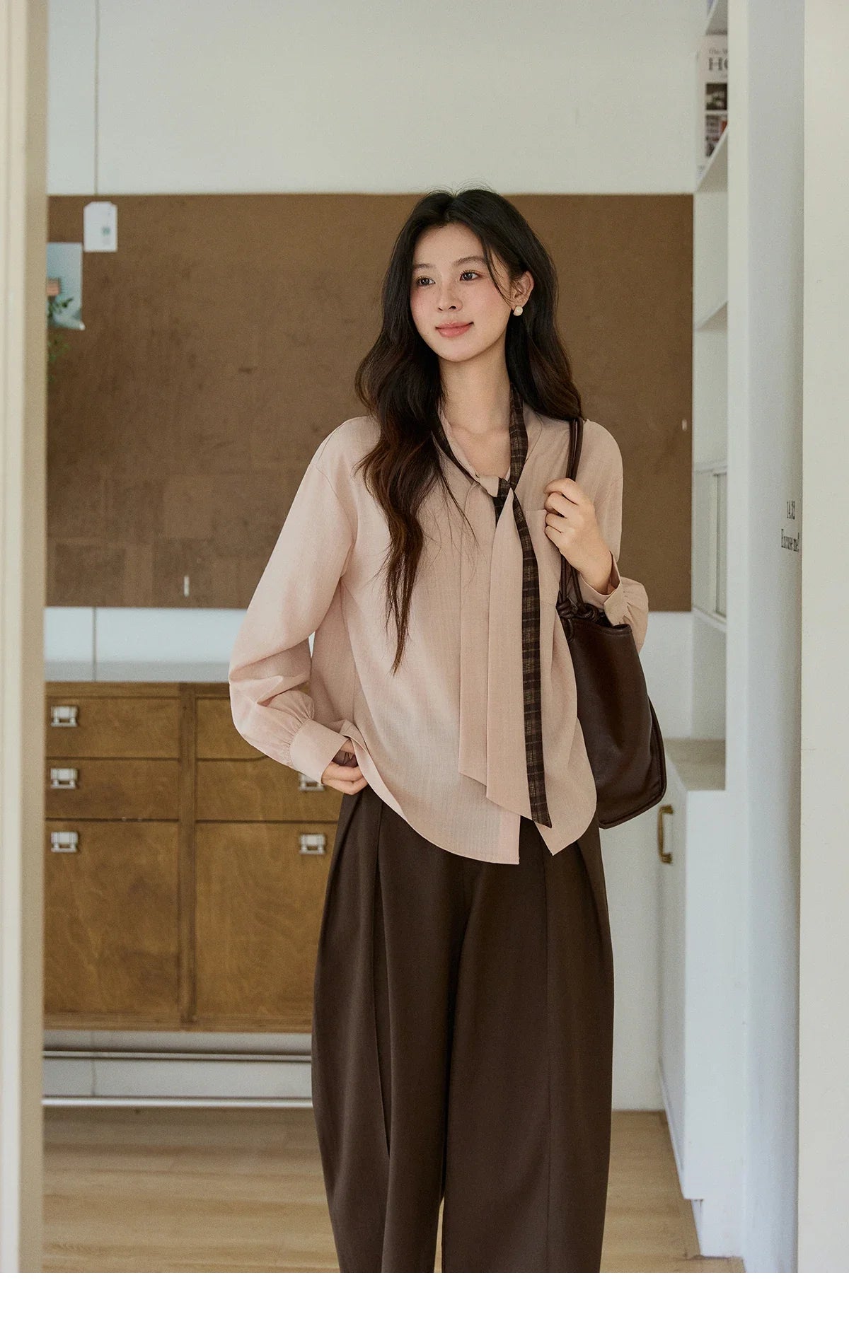 Women's Dusty Pink Shirts Spring Plaid Tie Neck Loose Casual Shirt 100 Lyocell Lantern Sleeve Top Office Lady MXF108C0817