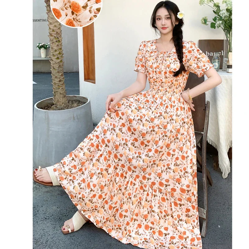 Summer New Cotton Silk Floral Print Maxi Dr ort Sve Beachwear High Waist Young Women's Large Skirt Swing Dr