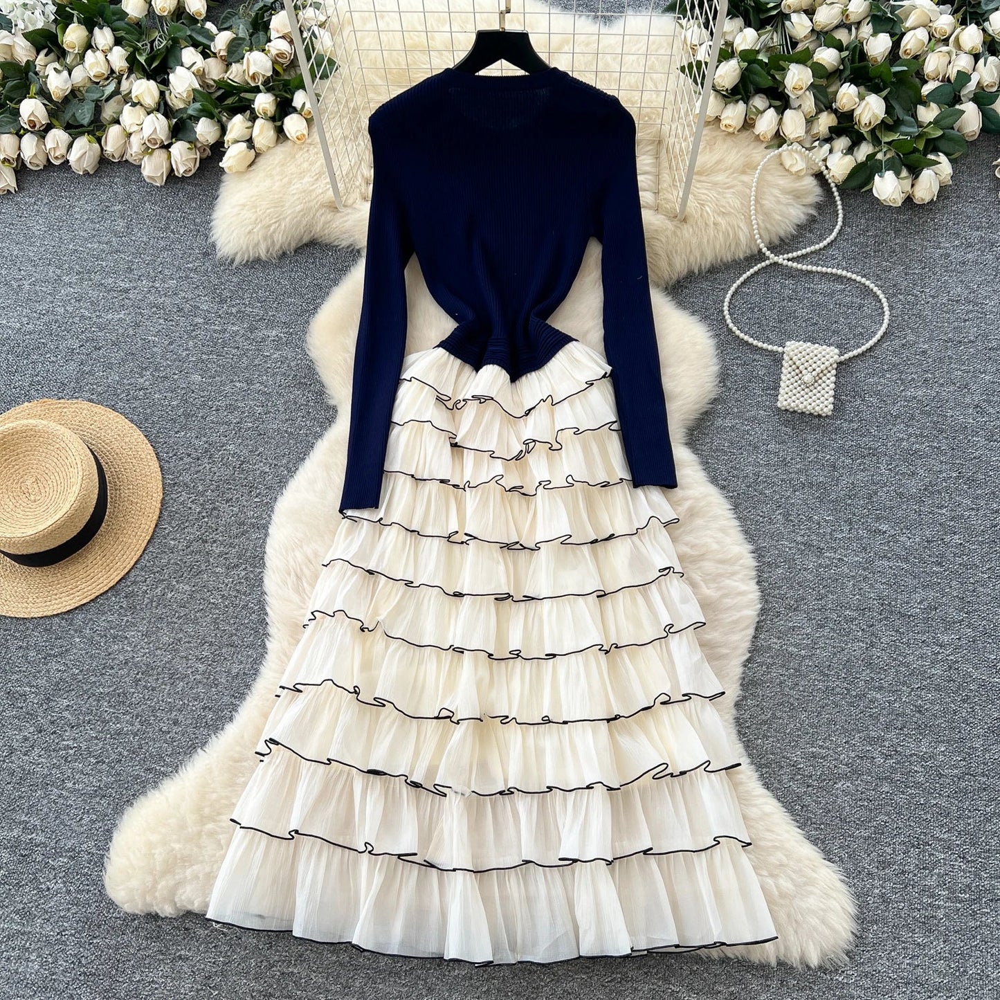 Autumn 3D Floral Spliced Long Dress 2025 Female O Neck Long Sleeves High Quality Slim Luxury Knitted Party Cake Dress