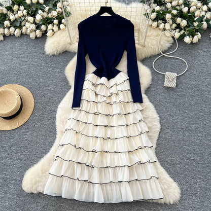 Autumn 3D Floral Spliced Long Dress 2025 Female O Neck Long Sleeves High Quality Slim Luxury Knitted Party Cake Dress