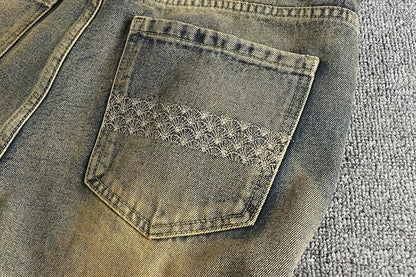 Do old wash retro American trend jeans men's catwhiskers embroidery craft comfortable straight leg casual pants
