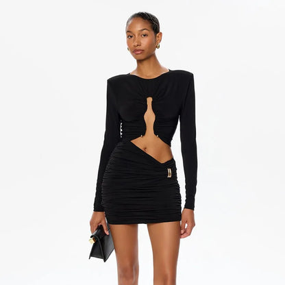Solid Dresses For Women Fashion Sexy Club Long Sleeves Hollow Out O-Neck Hip Wrap Sheath Mini Vestidos Robes Female Streetwear