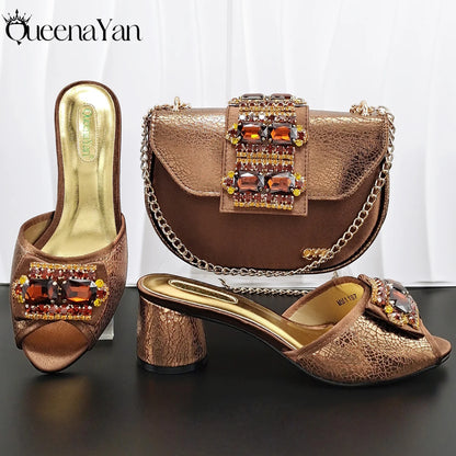 Newest Italian Design Fashion Comfortable Olive Color Peep Toe Party Wedding or Work Women's High Heels with Diamond Oval Bag