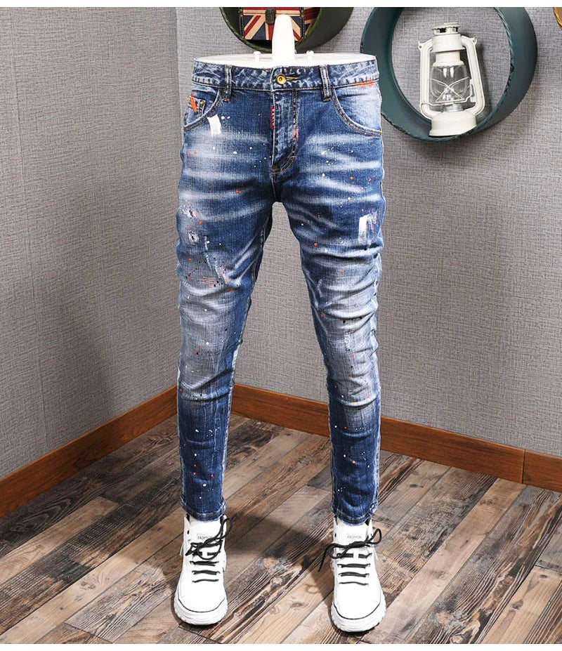 Fashion Streetwear Men Jeans Retro Black Blue Elastic Slim Fit Ripped Jeans Men Spliced Designer Embroidery Hip Hop Denim Pants