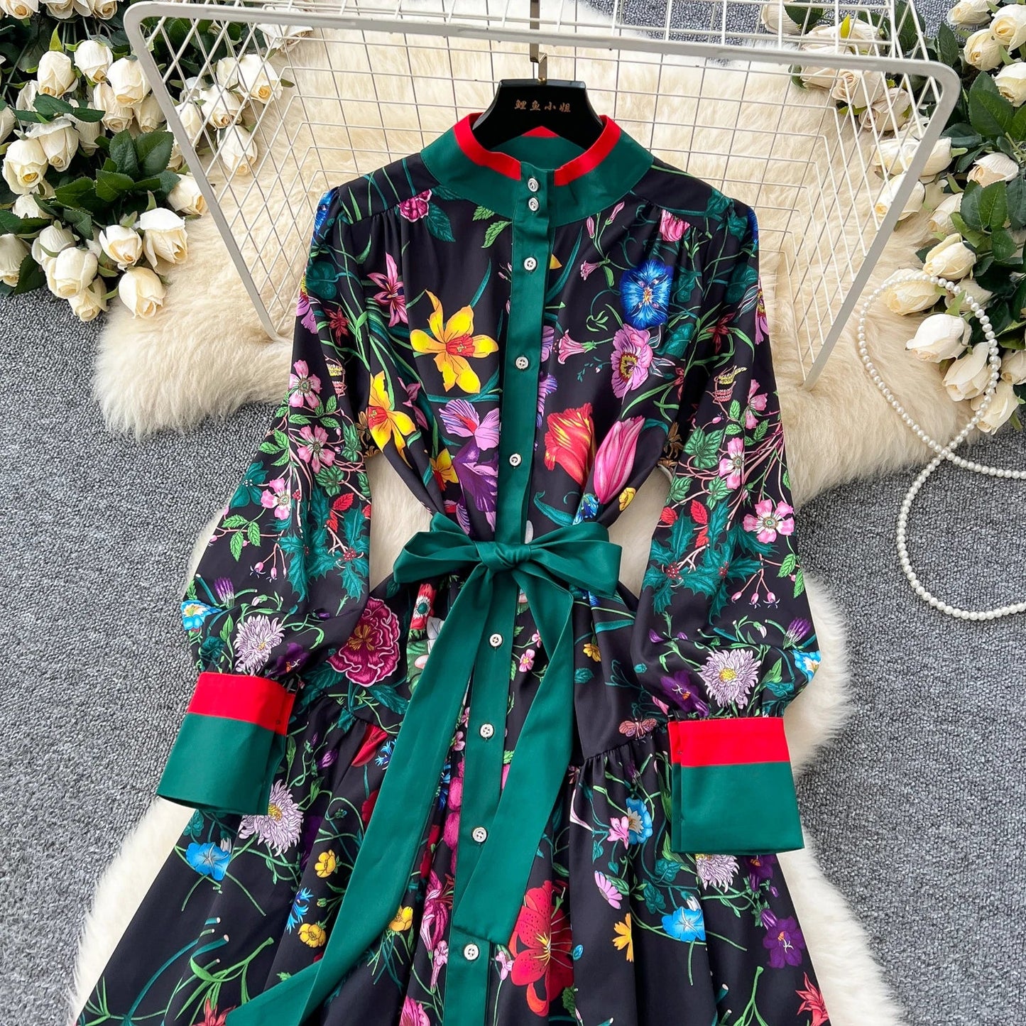Retro Faion Print Stand Collar Single Button Women's Dr Waist Cinched Floor Length Skirt Korean Sle High Waist Long Sl...