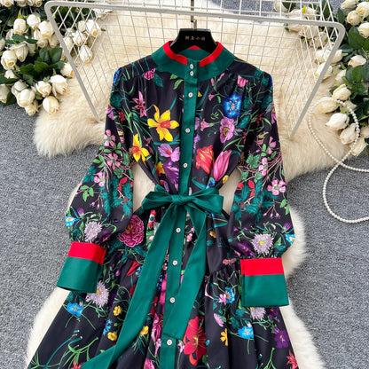 Retro Faion Print Stand Collar Single Button Women's Dr Waist Cinched Floor Length Skirt Korean Sle High Waist Long Sl...
